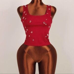 Red Embellished Ribbed Tank Top - Women